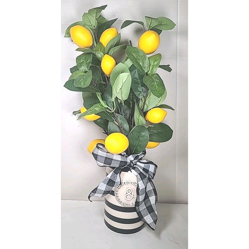 20" Unique Artificial Lifelike Lemon Plant & Stripped Vase Spring Easter Decor